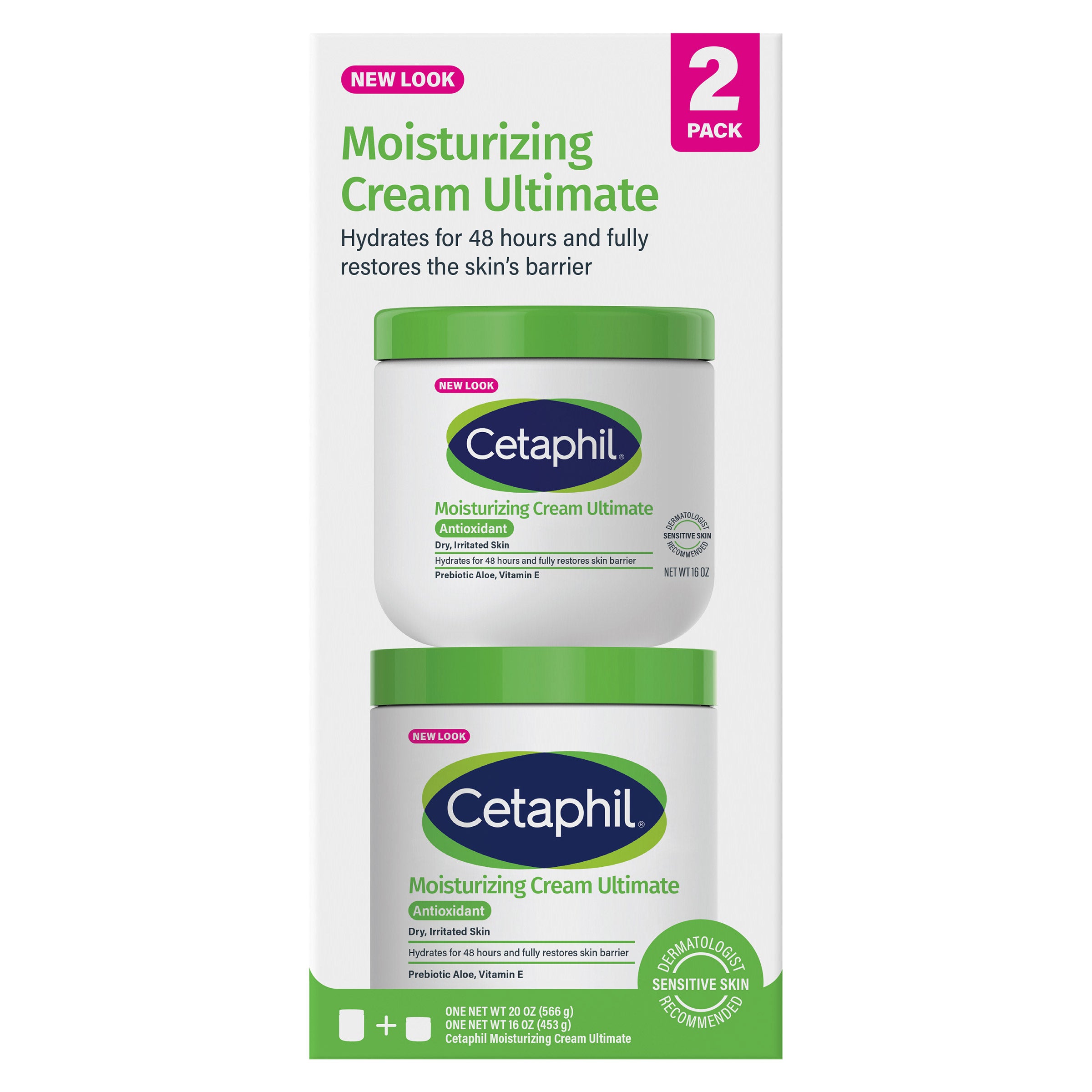 Moisturizing Cream Ultimate with Prebiotic Aloe, Very Dry to Dry Sensitive Skin, 20 Oz + 16 Oz, 2-Pack