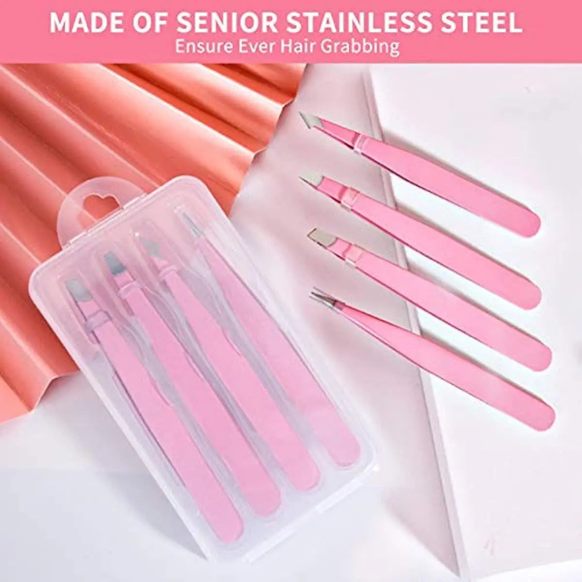 Portable Comfort Stainless Steel Eyebrow Tweezers with Storage Box, 4Pcs Professional Tweezers for Eyebrows, Facial Hair, Ingrown Hair & Blackhead Cleaning, Skincare Tool