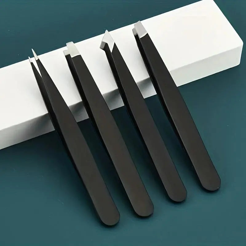 Portable Comfort Stainless Steel Eyebrow Tweezers with Storage Box, 4Pcs Professional Tweezers for Eyebrows, Facial Hair, Ingrown Hair & Blackhead Cleaning, Skincare Tool