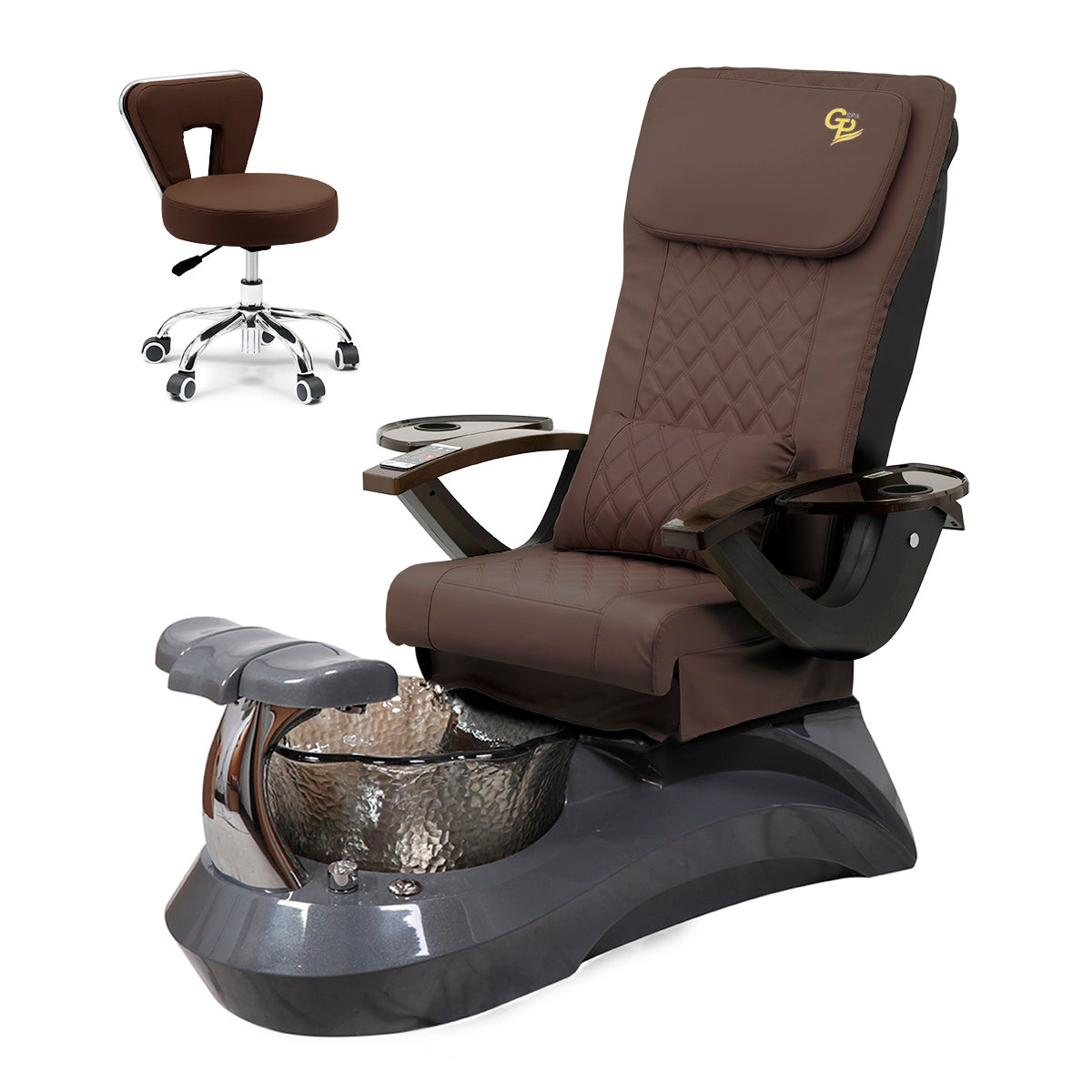 Falcon Pedicure Spa Chair Complete Set with Pedi Stool - Gray Base - Black Bowl - C01 Leather