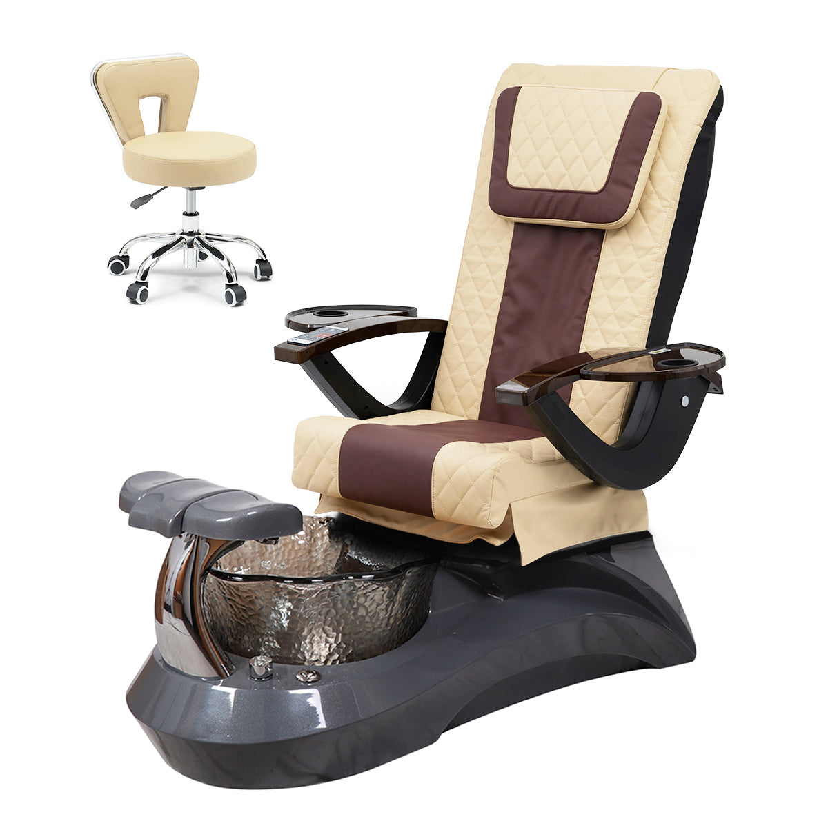 Falcon Pedicure Spa Chair Complete Set with Pedi Stool - Gray Base - Black Bowl - Diamond Leather