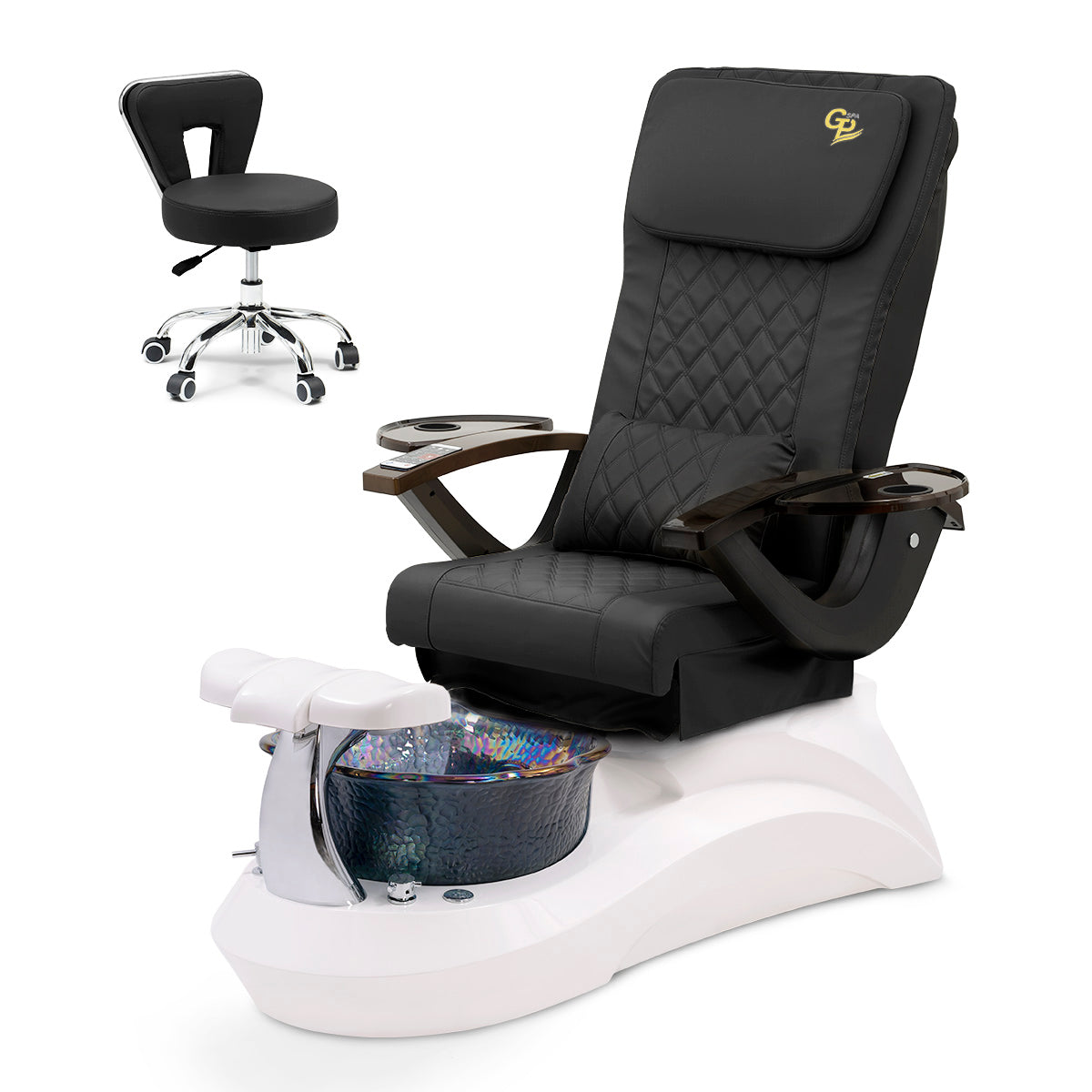 Falcon Pedicure Spa Chair Complete Set with Pedi Stool - White Base - Black Bowl - C01 Leather