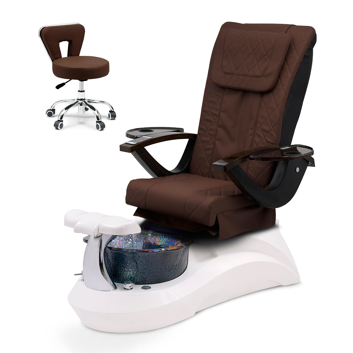 Falcon Pedicure Spa Chair Complete Set with Pedi Stool - White Base - Black Bowl - Diamond Leather