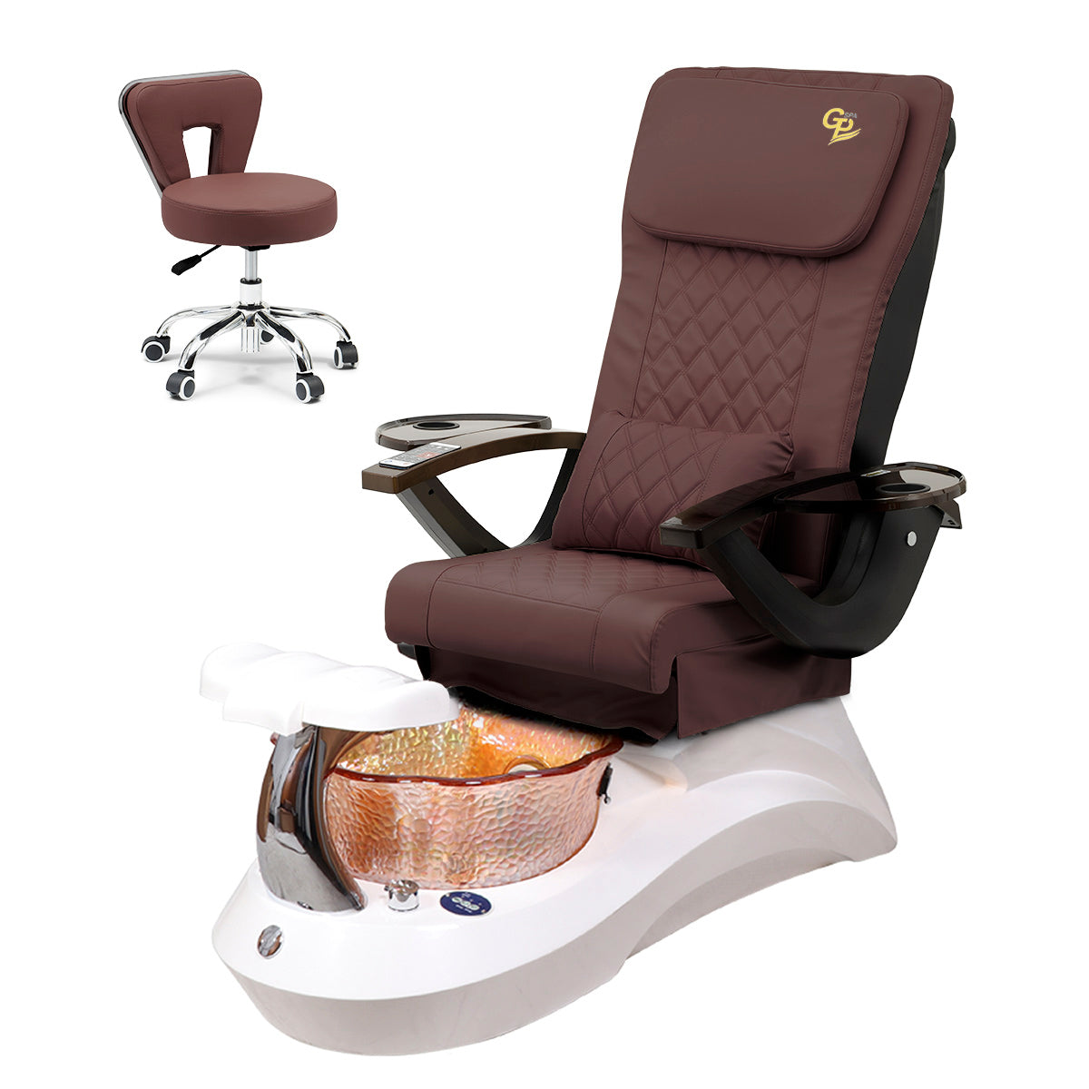 Falcon Pedicure Spa Chair Complete Set with Pedi Stool - White Base - Orange Bowl - C01 Leather