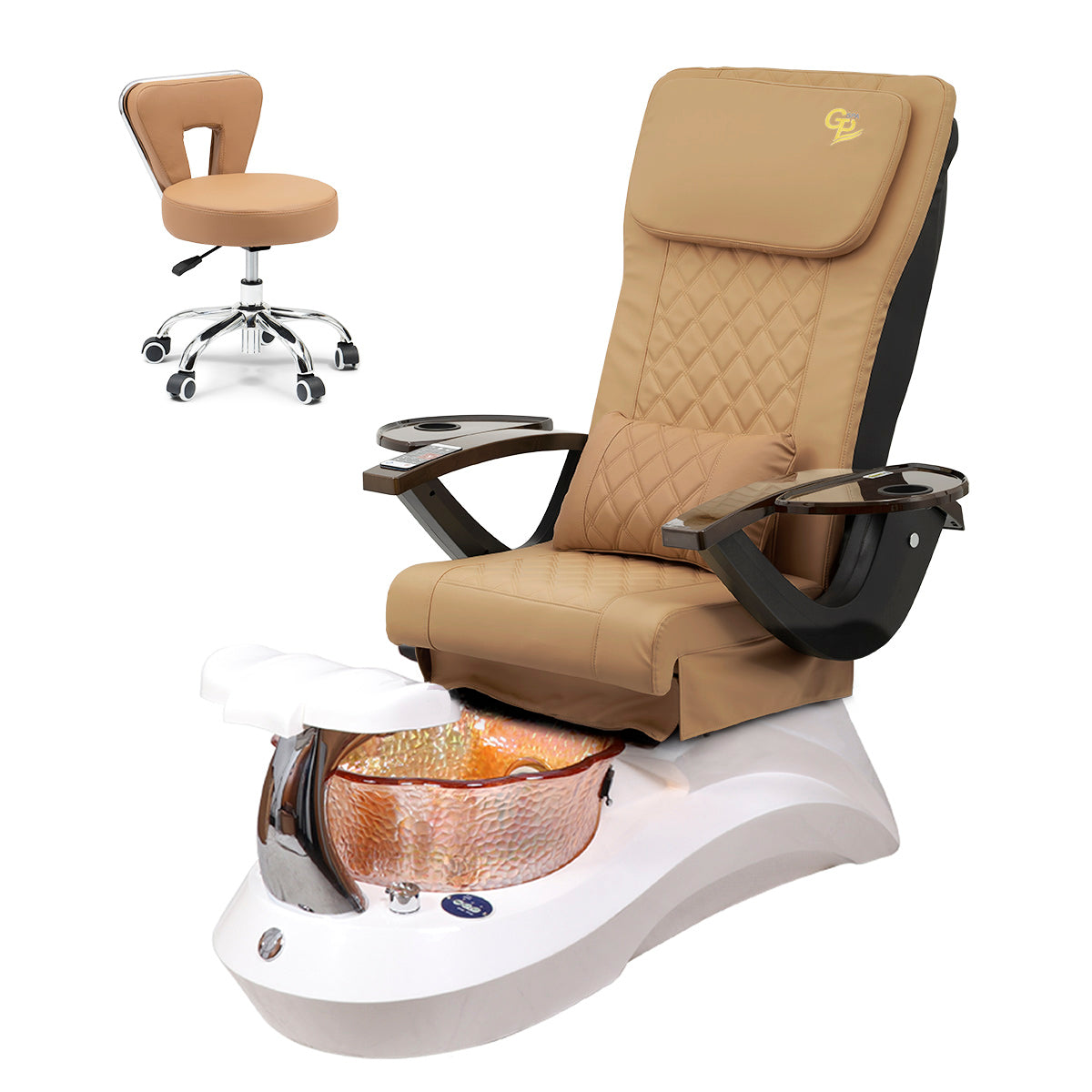 Falcon Pedicure Spa Chair Complete Set with Pedi Stool - White Base - Orange Bowl - C01 Leather