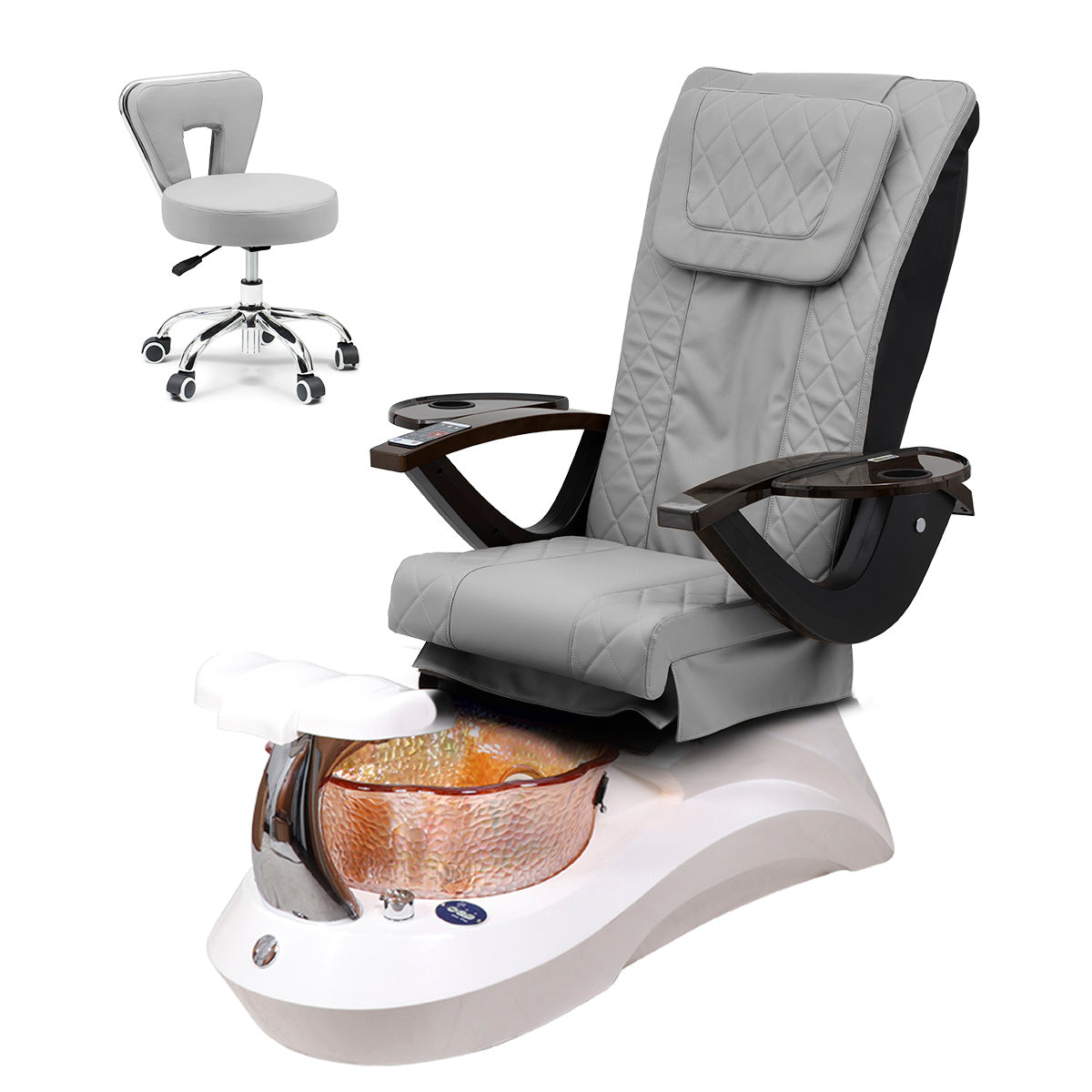 Falcon Pedicure Spa Chair Complete Set with Pedi Stool - White Base - Orange Bowl - Diamond Leather