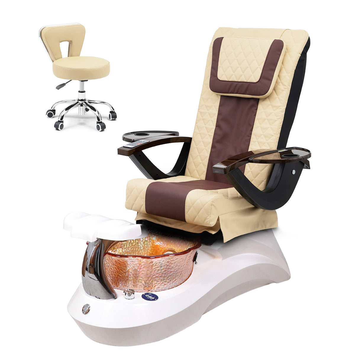 Falcon Pedicure Spa Chair Complete Set with Pedi Stool - White Base - Orange Bowl - Diamond Leather