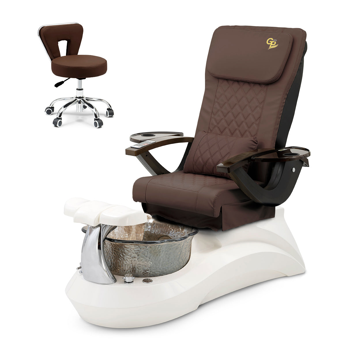 Falcon Pedicure Spa Chair Complete Set with Pedi Stool - White Base - Smoky Bowl - C01 Leather