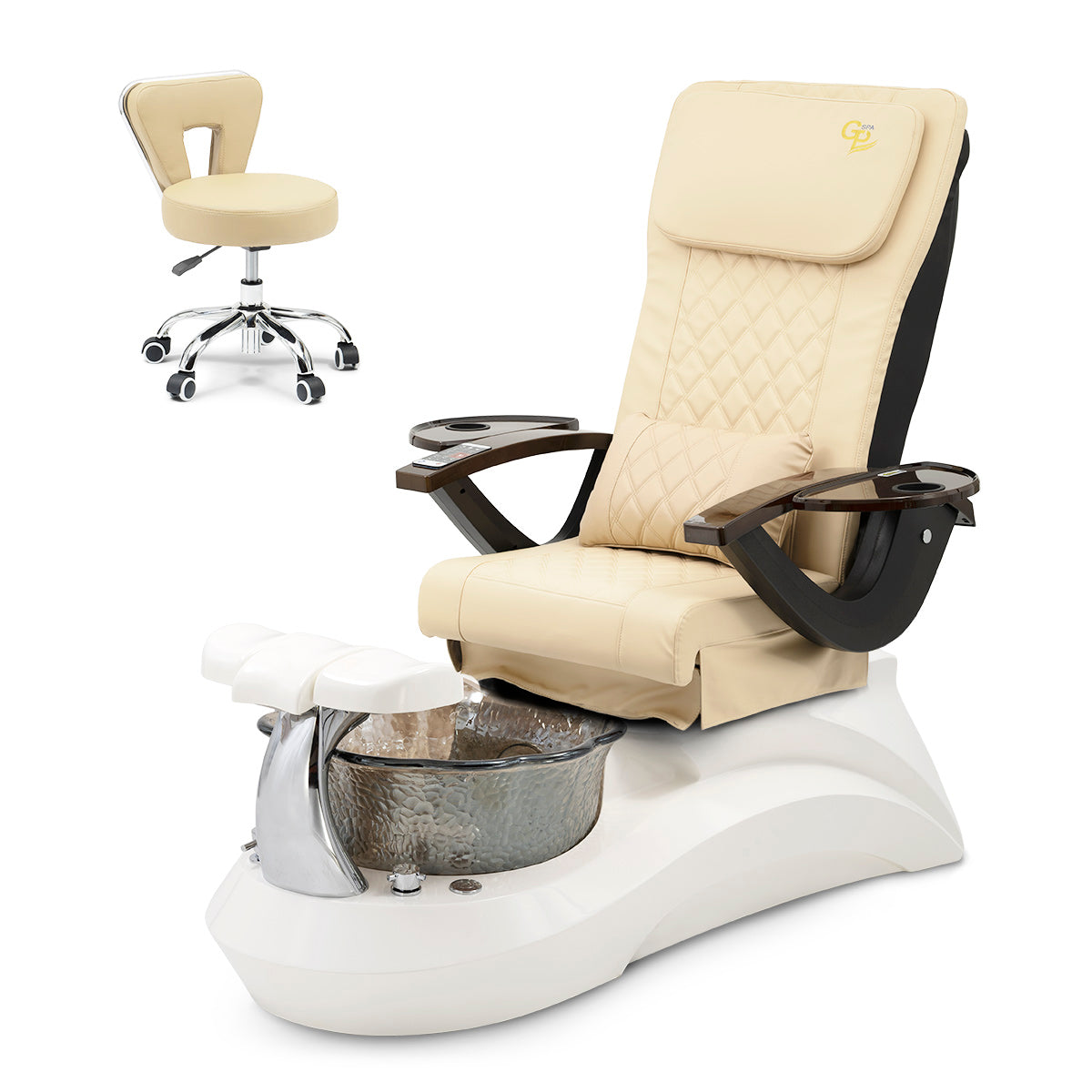 Falcon Pedicure Spa Chair Complete Set with Pedi Stool - White Base - Smoky Bowl - C01 Leather