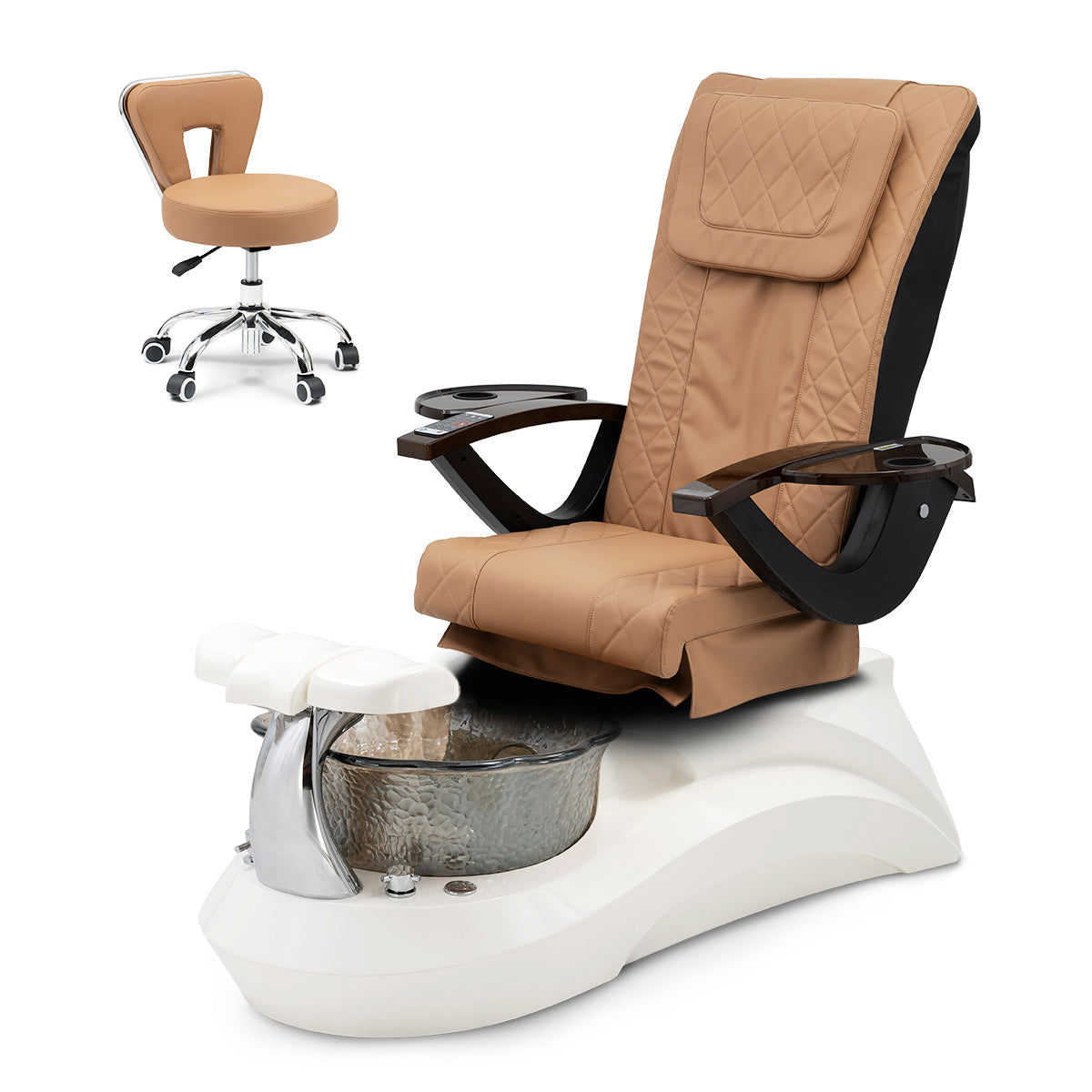 Falcon Pedicure Spa Chair Complete Set with Pedi Stool - White Base - Smoky Bowl - Diamond Leather