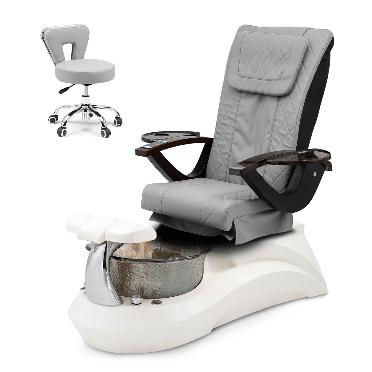 Falcon Pedicure Spa Chair Complete Set with Pedi Stool - White Base - Smoky Bowl - Diamond Leather