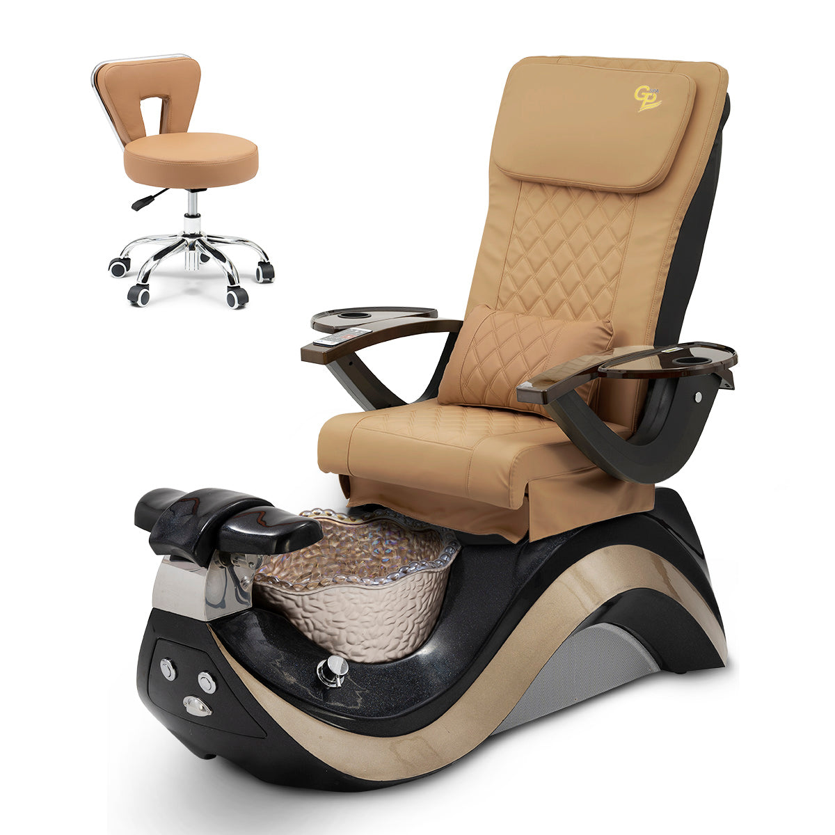 Robin Pedicure Spa Chair Complete Set with Pedi Stool - Black Base - Gold Bowl - C01 Leather