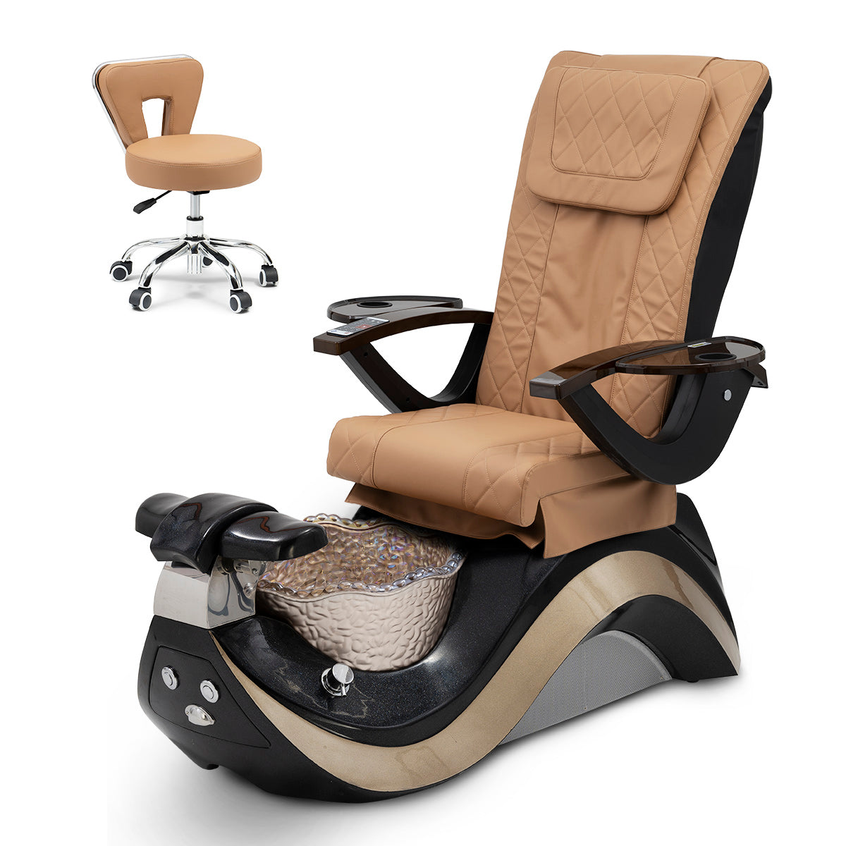 Robin Pedicure Spa Chair Complete Set with Pedi Stool - Black Base - Gold Bowl - Diamond Leather