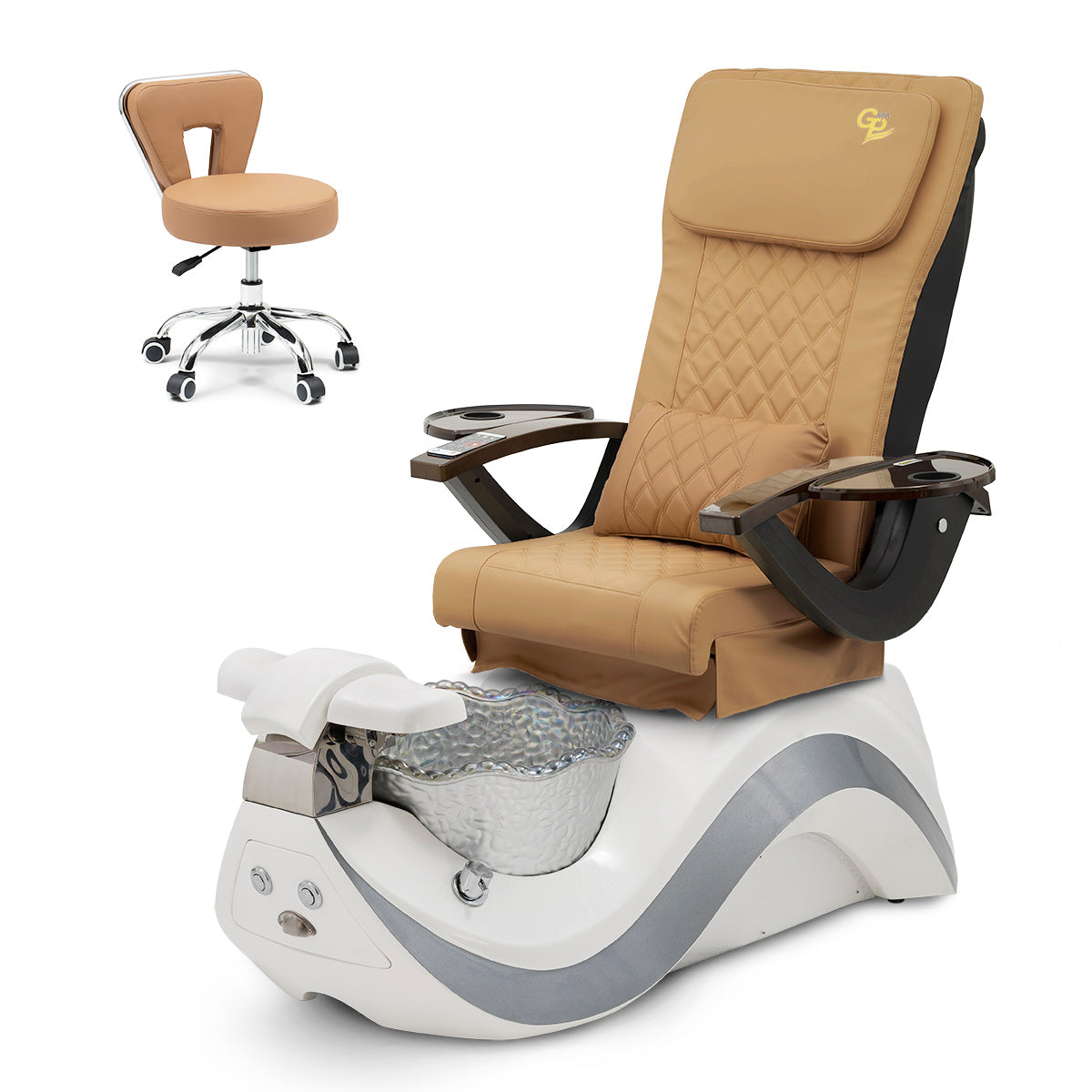 Robin Pedicure Spa Chair Complete Set with Pedi Stool - White Base - Silver Bowl - C01 Leather