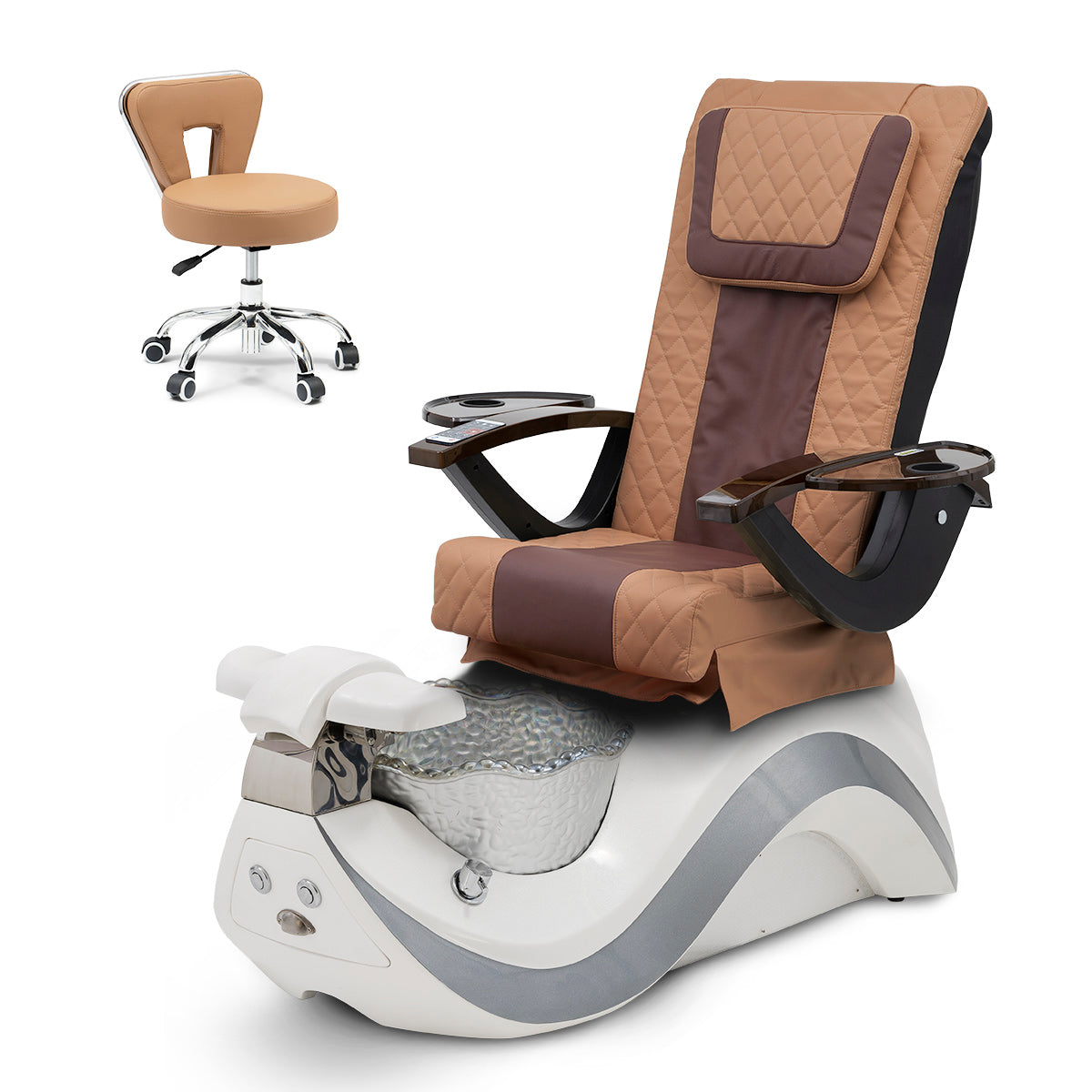 Robin Pedicure Spa Chair Complete Set with Pedi Stool - White Base - Silver Bowl - Diamond Leather