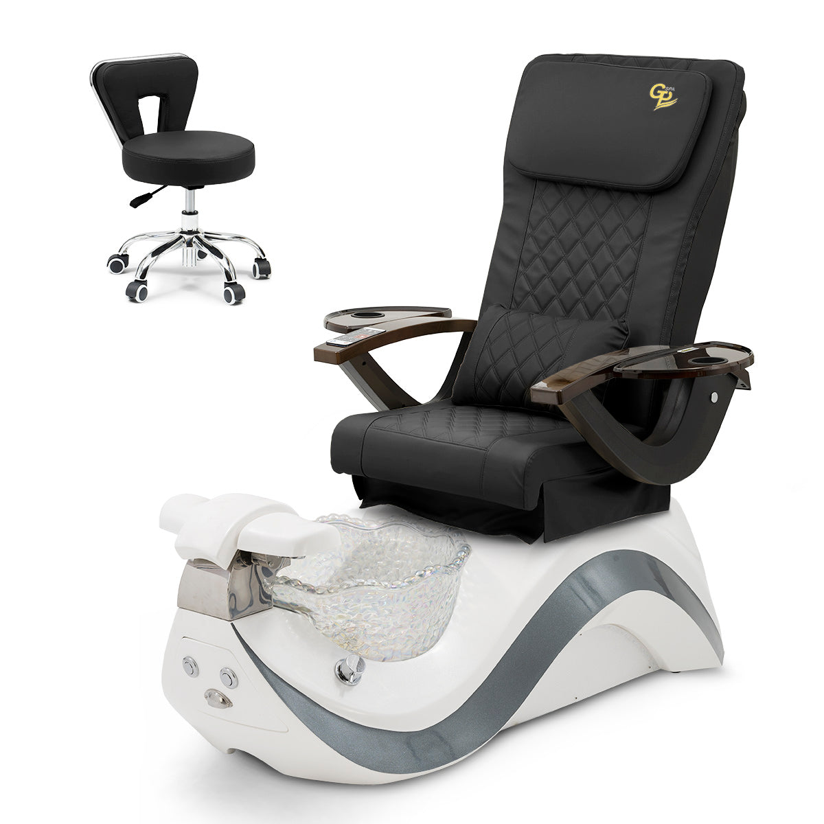 Robin Pedicure Spa Chair Complete Set with Pedi Stool - White Gray Base - Clear Bowl - C01 Leather