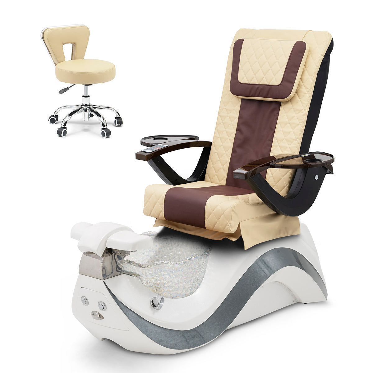 Robin Pedicure Spa Chair Complete Set with Pedi Stool - White Gray Base - Clear Bowl - Diamond Leather