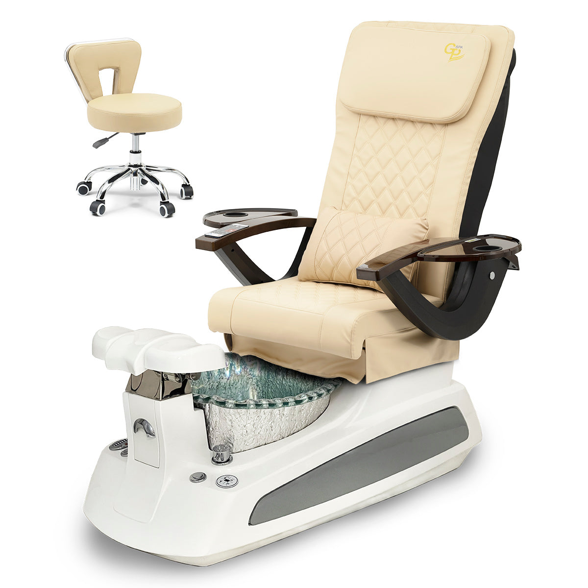 BM21 Pedicure Spa Chair Complete Set with Pedi Stool - White Base - Silver Bowl - C01 Leather