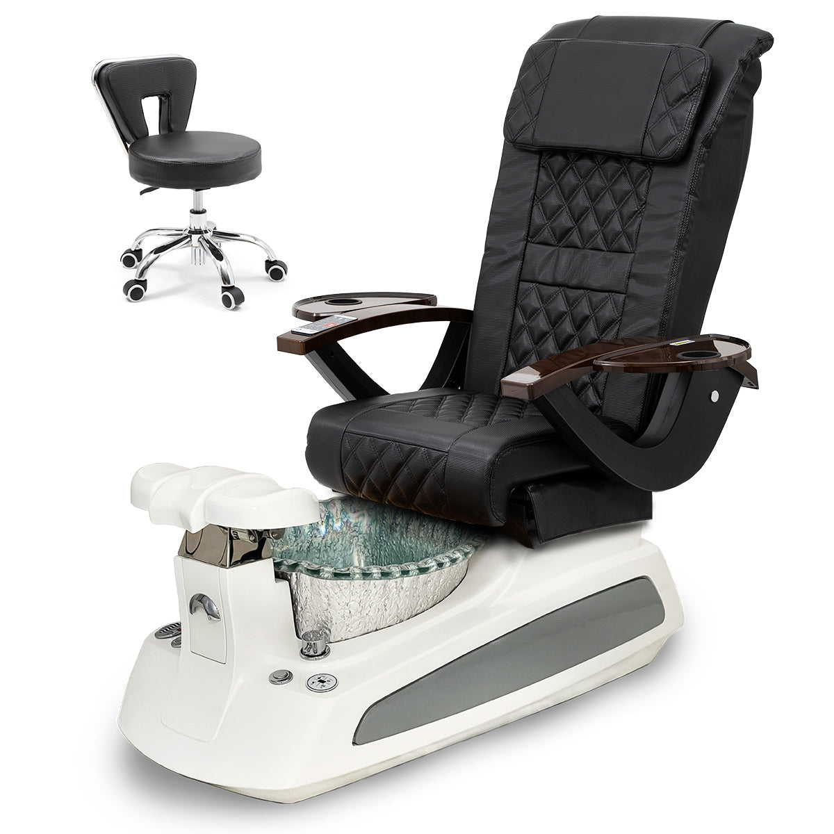 BM21 Pedicure Spa Chair Complete Set with Pedi Stool - White Base - Silver Bowl - Carbon Fiber