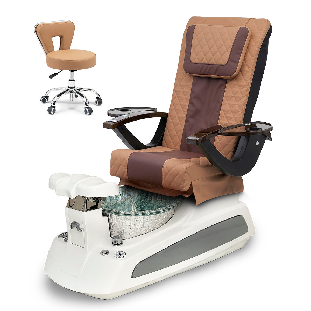 BM21 Pedicure Spa Chair Complete Set with Pedi Stool - White Base - Silver Bowl - Diamond Leather