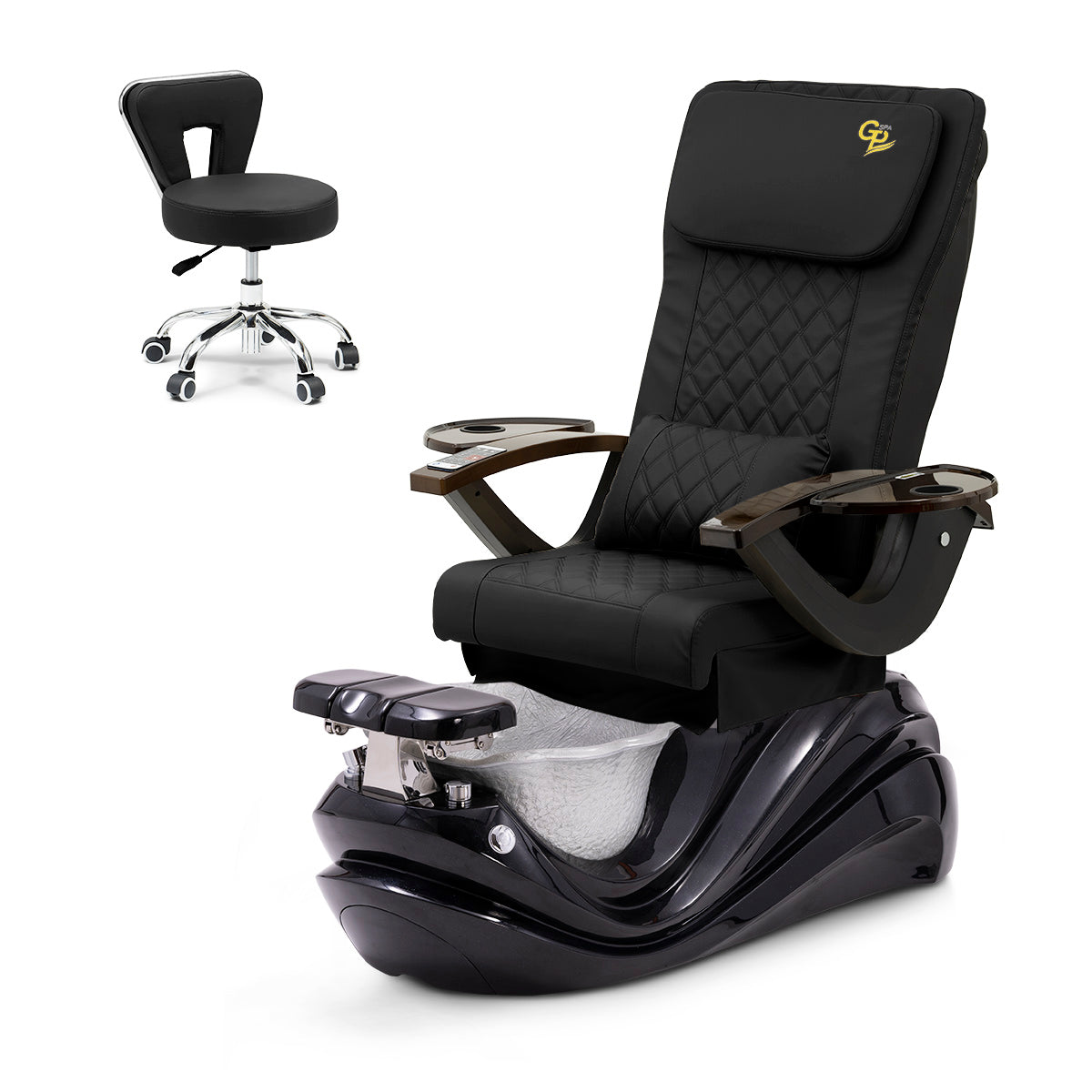 Lotus Pedicure Spa Chair Complete Set with Pedi Stool - Black Base - Silver Resin Bowl - C01 Leather